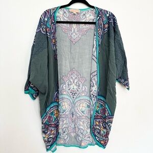 Peach Puff Kimono Top Shirt small Medium Green Floral Blouse Casual Ladies